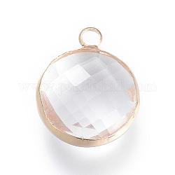 Pendentifs en verre, avec les accessoires en laiton, facette, plat rond, clair, or, 12x8.5x3mm, Trou: 2mm