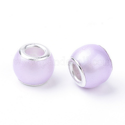 Verre abs en plastique imitation perle perles européennes, Perles avec un grand trou   , rondelle, avec noyaux en laiton plaqué couleur argent, lilas, 11.5~12x9~10mm, Trou: 5mm