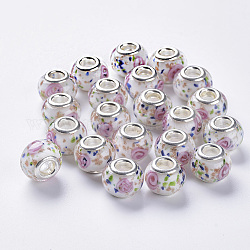 Handgefertigte Goldsand lampwork europäischen Perlen, Großloch perlen, mit Platin Farbe Messing Doppelkerne, Rondell, Farbig, 14x11 mm, Bohrung: 5 mm