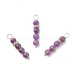 Natural Amethyst Pendants, with Platinum Tone Brass Crystal Rhinestone Spacer Beads, 30~34x6.5mm, Hole: 3.3mm