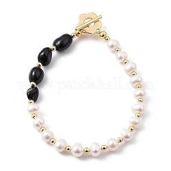 Natürliche kultivierte Süßwasserperlen Perlen Armbänder, mit natürlichen schwarzen Turmalinperlen, vergoldete Messingperlen und Blumenkippverschlüsse, 7-5/8 Zoll (19.5 cm)