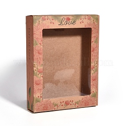 Caja de papel kraft creativa plegable, Caja de regalo de papel, Con ventana transparente, rectángulo con el modelo de flor, burlywood, 17.7x13.5x3.7 cm