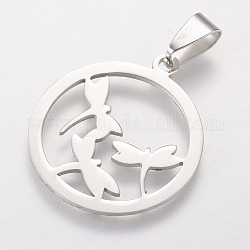 304 Stainless Steel Pendants, Cut-Out, Hollow Flat Round with Dragonfly, Stainless Steel Color, 30x26x1mm, Hole: 4x8mm