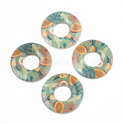 Obst Seris bedruckte Holzanhänger, Donut mit Papayamuster, mittlerer Aquamarin, 45x5 mm, Bohrung: 1.6 mm