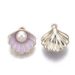 Colgantes de la aleación, con perlas de imitación de plástico abs y esmalte, concha con perla, la luz de oro, ciruela, 16x15x7mm, agujero: 1.5 mm