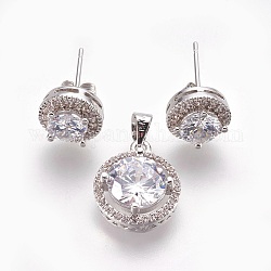 Kits de bijoux en laiton avec zircone cubique de micro pave, pendentifs et boucles d'oreille, plat rond, clair, platine, 15x13x5.5mm, trou: 4x5 mm, 10x6 mm, broches: 0.7 mm
