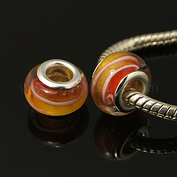 Handmade Lampwork European Beads, with Silver Plated Brass Double Cores, Rondelle, Orange, 12.5x8mm, Hole: 5mm