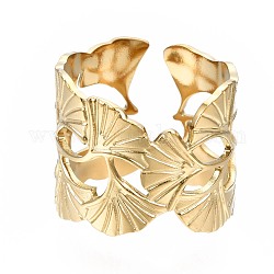 304 открытое манжетное кольцо из нержавеющей стали с листом гинкго, массивное полое кольцо для женщин, золотые, размер США 6 3/4 (17.1 мм)