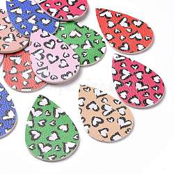 PU Leather Big Pendants, Teardrop with Heart Pattern, For Valentine's Day Jewelry Making, Mixed Color, 56x37x1.5mm, Hole: 1.2mm