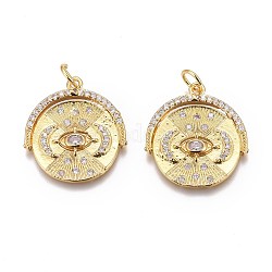 Brass Micro Pave Clear Cubic Zirconia Pendants, Long-Lasting Plated, Flat Round with Eye, Real 18K Gold Plated, 21x19x2mm, Hole: 3mm
