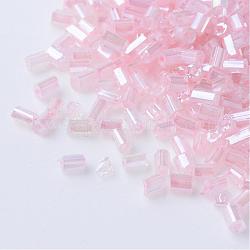Perles de rocaille en verre deux coupes transparentes, à l'intérieur de la couleur lustré, trou rond, hexagone, rose, 2~6x2mm, Trou: 0.5mm, environ 21000 pcs/450 g, 450 g / sac