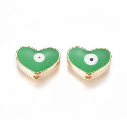 Perles en laiton doré, avec l'émail, coeur avec le mauvais œil, verte, 11x15x4.5mm, Trou: 1.6mm