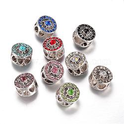 Abalorios europeos de aleación, con diamantes de imitación, Abalorios de grande agujero, plano y redondo, plata antigua, color mezclado, 11x11mm, agujero: 4.5 mm