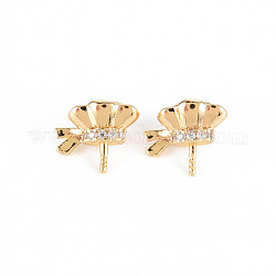 Brass Micro Pave Clear Cubic Zirconia Peg Bails Charms, for Half Drilled Bead, Nickel Free, Flower, Real 18K Gold Plated, 9.5x10.5x7mm, Hole: 1.2mm, Pin: 0.8mm