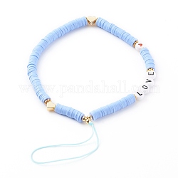 Polymer Clay Heishi Beaded Mobile Straps, Telephone Jewelry, with Acrylic Enamel Beads and Brass Beads, Word Love, Golden, Light Blue, 20cm