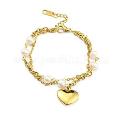 Placage sous vide 304 bracelet multibrins double couche en acier inoxydable, bracelet à breloques coeur avec perle naturelle perlée pour fille femme, or, 6-7/8 pouce (17.4 cm)