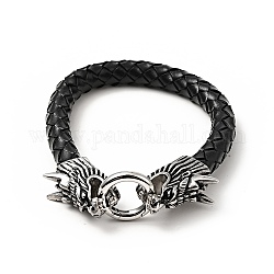 Bracelet cordon rond tressé cuir, 304 fermoirs tête de dragon en acier inoxydable bracelet gothique pour hommes femmes, argent antique, 8-3/4 pouce (22.3 cm)