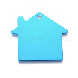 Anhänger aus Haustieraluminium, leere tag stempeln, Haus, Deep-Sky-blau, 35x38x1 mm, Bohrung: 3 mm