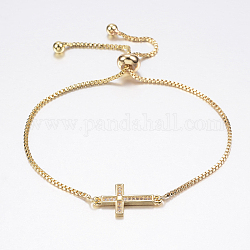 Verstellbare Messing-Bolo-Armbänder, Schieberarmbänder, mit Zirkonia und Kastenketten, Kreuz, golden, 10-1/4 Zoll (260 mm)