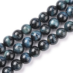 Chapelets de perles d'œil de tigre naturel, grade AB +, teints et chauffée, ronde, bleu de Prusse, 10mm, Trou: 1mm