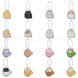 Hobbiesay 16 set 16 stile cartone animato simpatico gatto animale ciondolo acrilico decorazione con catena a sfere di ferro, per accessori di gioielli ciondolo borsa portachiavi, colore misto, 39~41.5x33~38.5x2mm, 1 set/stile