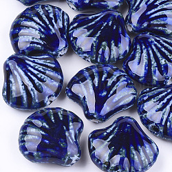 Perles en porcelaine manuelles, fantaisie porcelaine émaillée antique, coquille, bleu, 28~29x32~33x12.5~14mm, Trou: 3~3.5mm