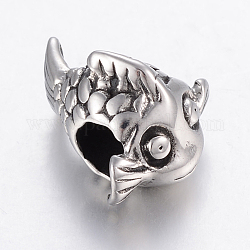 304 Stainless Steel European Beads, Large Hole Beads, Fish, Antique Silver, 16x11x14mm, Hole: 5mm
