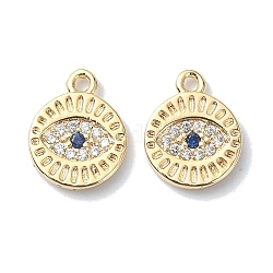 Brass Micro Pave Cubic Zirconia Pendants, Flat Round & Evil Eye Charms, Real 18K Gold Plated, 12x10x2mm, Hole: 1.2mm