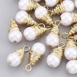 Pendenti di perle imitazione plastica abs, con filo di ottone, lacrima, vero placcato oro 18k, 17.5~19x8x8mm, Foro: 2~3 mm