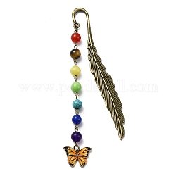 Marque-page pendentif en émail en alliage papillon avec perle de pierre précieuse chakra, marque-pages en plumes d'alliage, or, 140x14.5x3.5mm