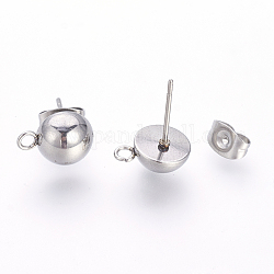 Accessoires de puces d'oreilles en 201 acier inoxydable, avec boucle et 304 goupille inox, couleur inoxydable, 10.5x8mm, Trou: 1.5mm, pin: 0.9 mm