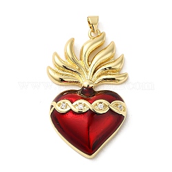 Rack Plating Brass Micro Pave Cubic Zirconia Pendants, with Epoxy Resin, Cadmium Free & Lead Free, Real 18K Gold Plated, Long-Lasting Plated, Heart, Red, 42.5x25.5x8.5mm, Hole: 3.5x5mm