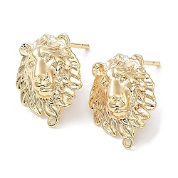 Brass Stud Earring Finding, with Horizontal Loop, Lion, Real 18K Gold Plated, 15.5x12.5mm, Hole: 0.9mm, Pin: 0.7mm