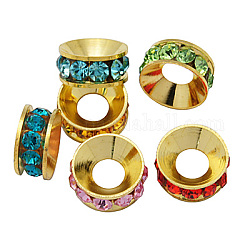 Perline distanziatori strass in ottone, grado a, rondelle, colore metallico oro, colore misto, 9x4mm, Foro: 4 mm