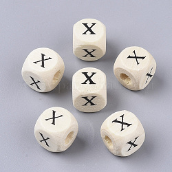 Perle di legno naturale stampate, foro orizzontale, cubo con lettera iniziale, papayawhip, letter.x, 10x10x10mm, Foro: 3.5 mm