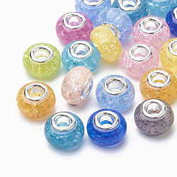 Perles européennes en crackle résin, Perles avec un grand trou   , avec noyaux en laiton plaqué couleur argent, rondelle, couleur mixte, 13.5~14x8.5~9mm, Trou: 5mm