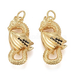 Brass Micro Pave Black Cubic Zirconia Pendants, with Jump Rings, Long-Lasting Plated, Dragon Shape, Real 18K Gold Plated, 24x12x7mm, Hole: 3mm