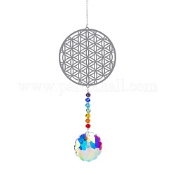 Grandes décorations de pendentif en métal, capteurs de soleil suspendus, verre de cristal k9 thème chakra, plat et circulaire avec fleur de la vie, colorées, 41 cm