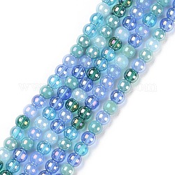 Transparente galvanisierte Glasperlenstränge, ab Farbe plattiert, Runde, Kornblumenblau, 4~4.5 mm, Bohrung: 0.9 mm, ca. 100 Stk. / Strang, 14.96'' (38 cm)