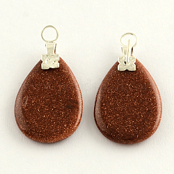 Synthetic Goldstone Stone Pendants with Platinum Tone Iron Findings, Teardrop, 24x15x3mm, Hole: 3mm