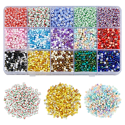 Superfindings 225g 15 styles ensembles de perles de rocaille en verre rondes et tubulaires, couleurs opaques suinter & transparent & ceylan & couleurs intérieures, couleur mixte, 1.5~9x1.5~3mm, Trou: 0.8~1mm, 15 g / couleur