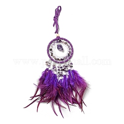 Natural Amethyst Woven Web/Net with Feather Pendant Decorations, with Wood Beads, Covered with Cotton Lace and Villus Cord, 400x70mm