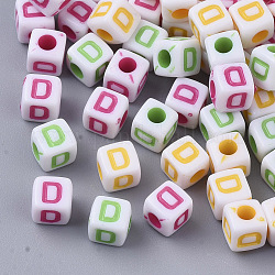 Белые непрозрачные акриловые бусины, горизонтальное отверстие, куб с разноцветными буквами, letter.d, 5x5x5 мм, отверстие : 2 мм, Около 5000 шт / 500 г