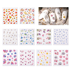 Beadthoven 10Pcs 10 Style 5D Nail Art Water Transfer Stickers Decals, Flower/Leaf, Colorful, 8.2x6.4cm, 1pc/style