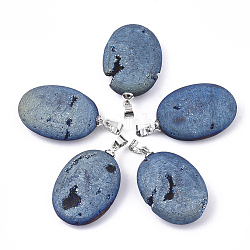 Electroplate Natural Druzy Geode Agate Pendants, with Brass Findings, Oval, Platinum, Steel Blue, 28~29x18.5x7mm, Hole: 4.5x4mm