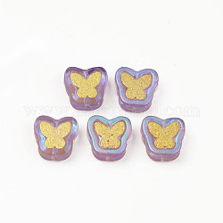 Electroplate Transparent Handmade Lampwork Beads, with Golden Plated Brass Findings, Butterfly, Orchid, 11x11x4mm, Hole: 1mm