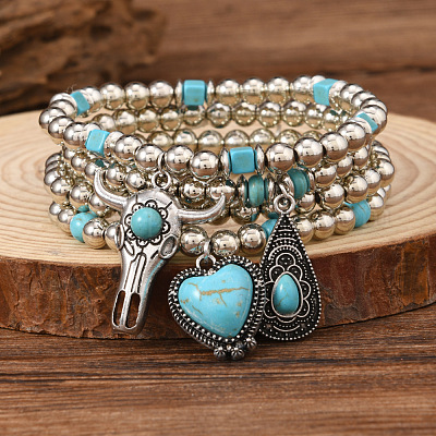 4 шт. эластичные браслеты из синтетической бирюзы и бусин CCB FS-WGC8DBE-07-1