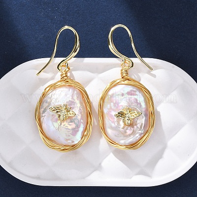 Овальные серьги с насекомыми из латуни с барочным жемчугом EJEW-Q043-03G-1