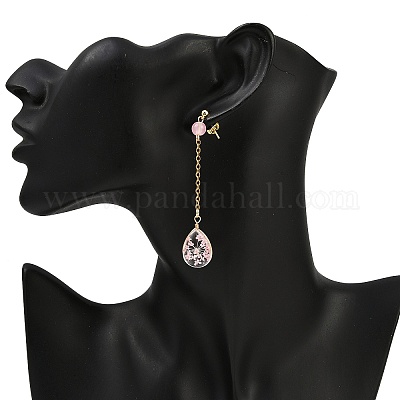 Комплект из ожерелья и сережек-гвоздиков с подвеской в виде капли из стекла и сухоцвета SJEW-JS01340-1