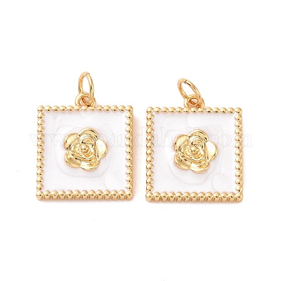 Подвески квадратные с цветочным узором из латуни и эмали KK-G435-09G-1